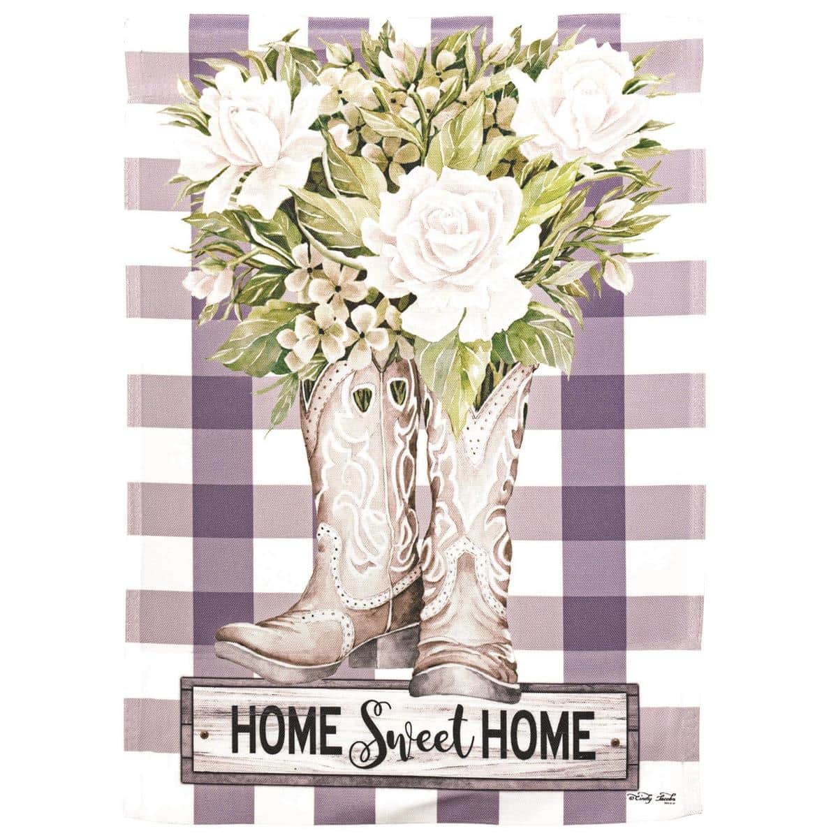 Alt text: 13x18 Home Sweet Home Boots garden flag with printed floral pattern and country boot motif displayed on a porch flagpole in a welcoming entryway scene.