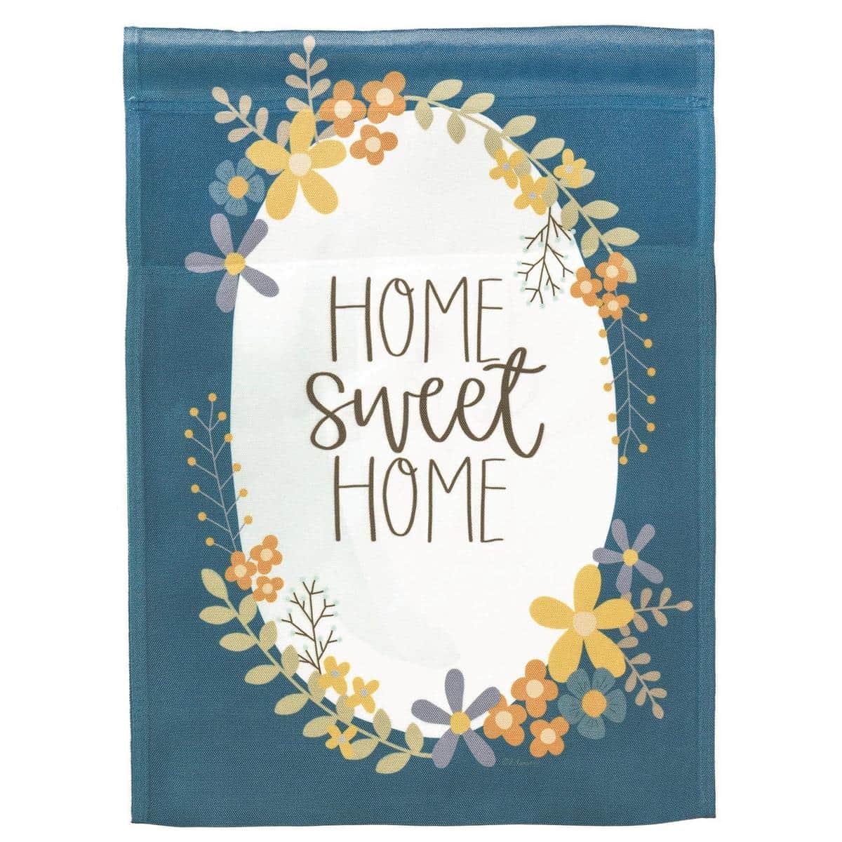 13x18 Home Sweet Home floral garden flag printed with pastel roses, greenery and script "Home Sweet Home" text, displayed on a black metal garden flagpole near a front porch planter.