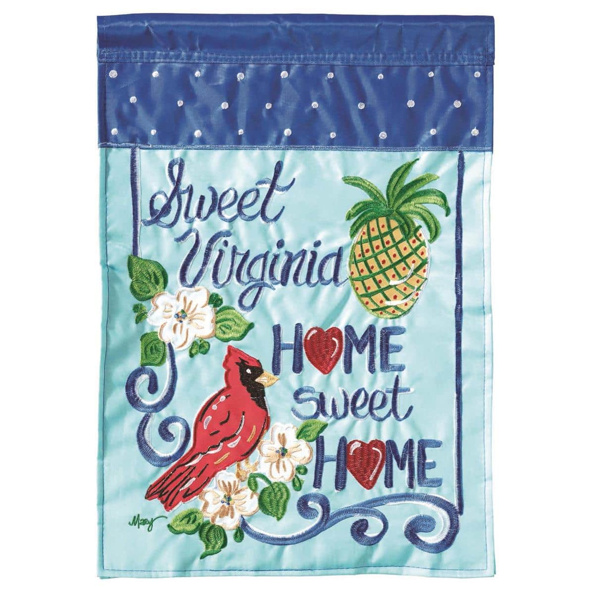 Home Sweet Home VA burlap garden flag with double applique Virginia graphic, two-sided text, 13 x 18 inches, natural burlap texture on a garden stand outdoors