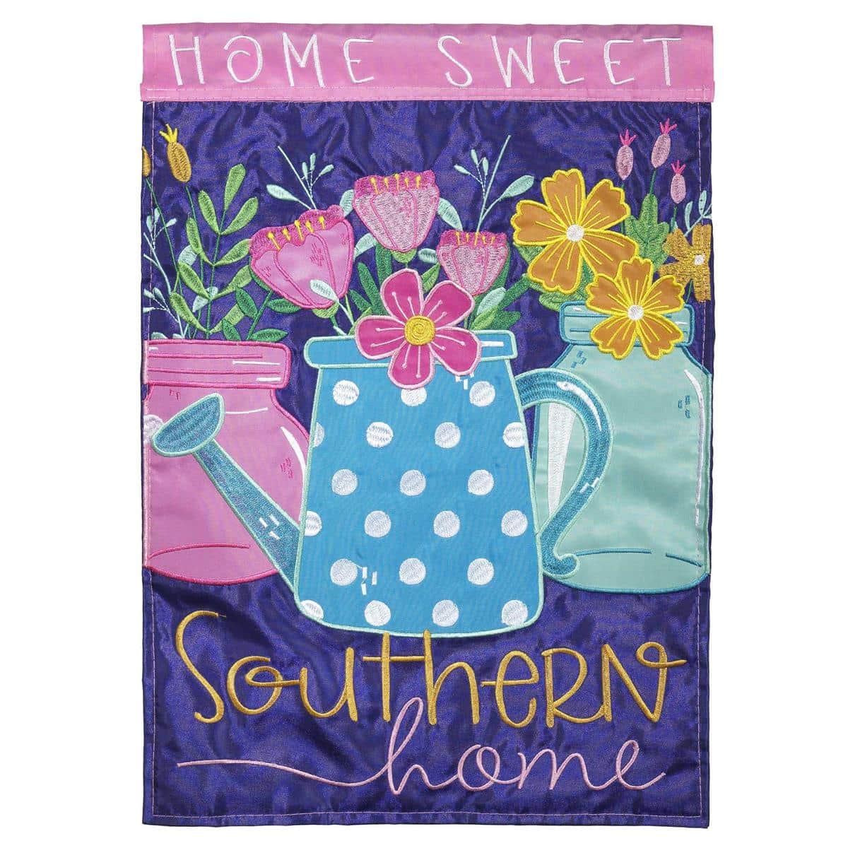 Home Sweet Southern 13x18 double applique garden flag with Southern floral motif and 'Home Sweet' script displayed on a garden flag stand beside a front porch.