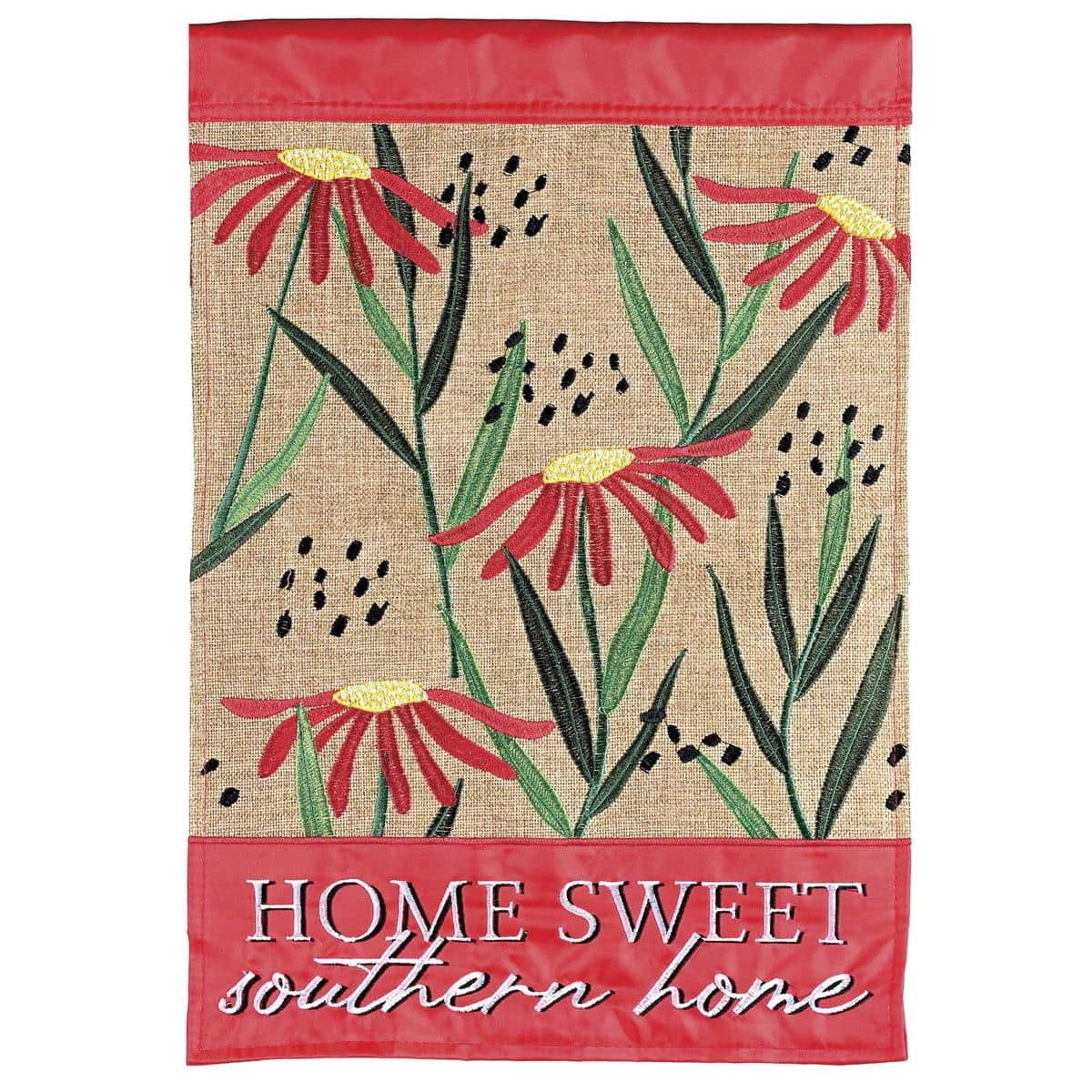 13x18 Home Sweet Southern Home garden flag with layered floral applique, elegant script text, displayed on a garden flag pole next to a brick porch and potted magnolia plant for scale