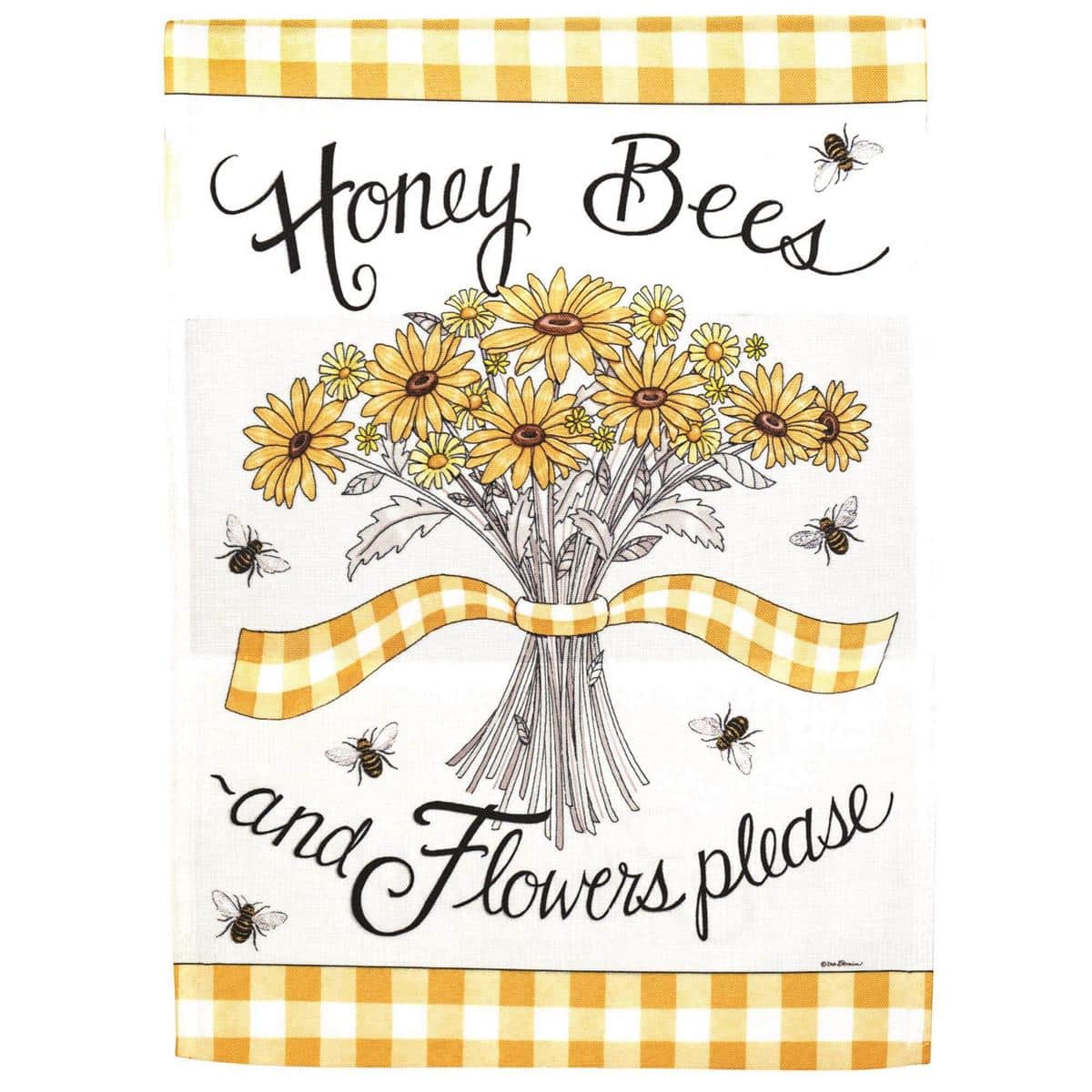 13x18 printed garden flag featuring honey bees and colorful flowers on weather-resistant fabric for porch or garden display