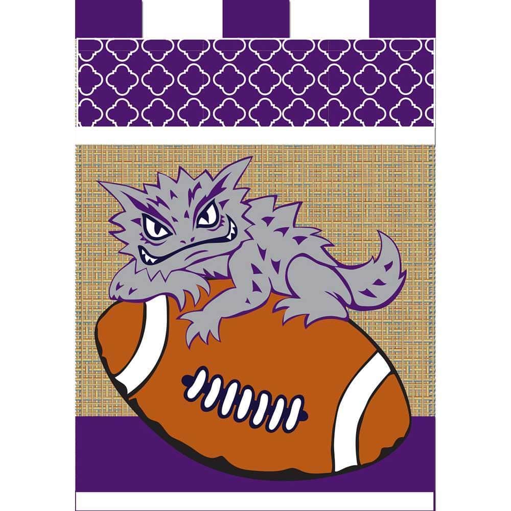 13x18 double-applique Horned Frog garden flag displayed on a metal garden pole in front of a porch with grass and game day accents.