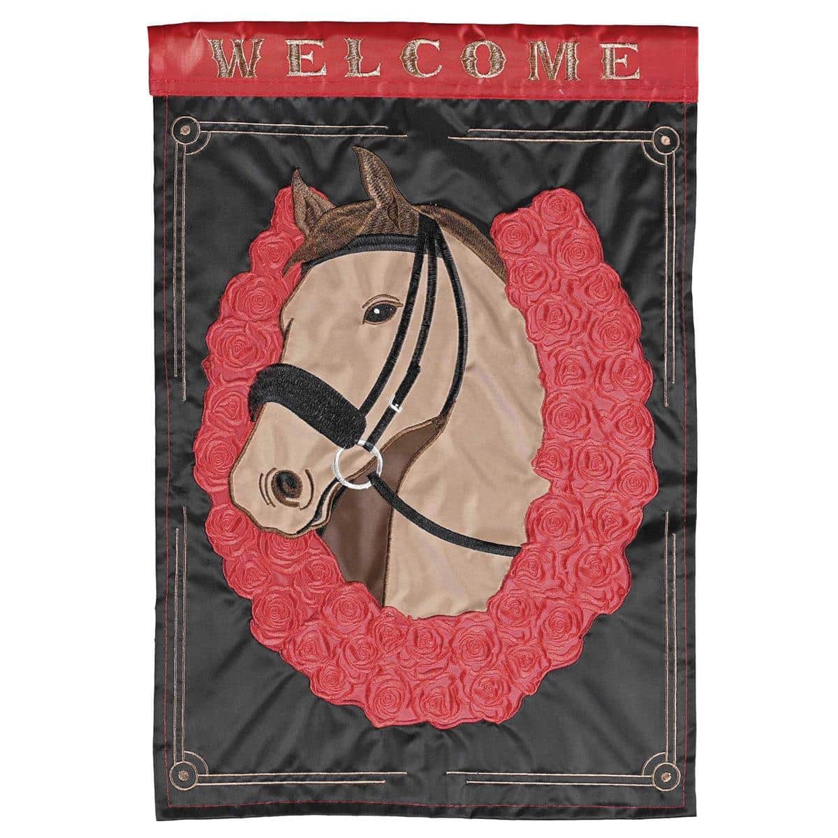 Derby-inspired 13 x 18 garden flag with a layered horse, rose, and lucky horseshoe in double-applique stitching, made for outdoor display on standard garden flag stands.