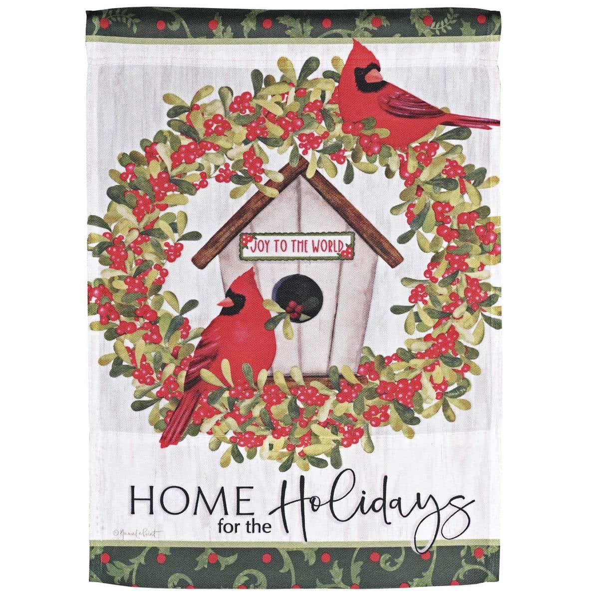 Printed house flag with red cardinals and evergreen Christmas wreath, Home For Holidays message, rich color detail, fits most standard house flag poles.