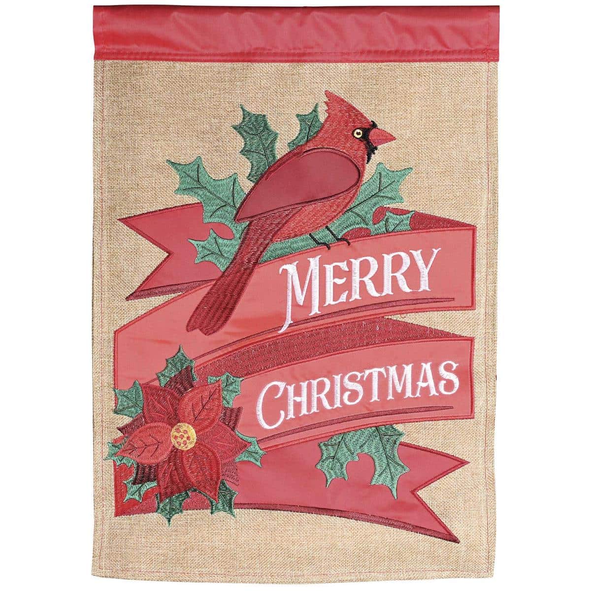 Double applique Christmas house flag with cardinal and poinsettias, richly stitched and weather-ready, two-sided for curb appeal on a standard house-flag pole.