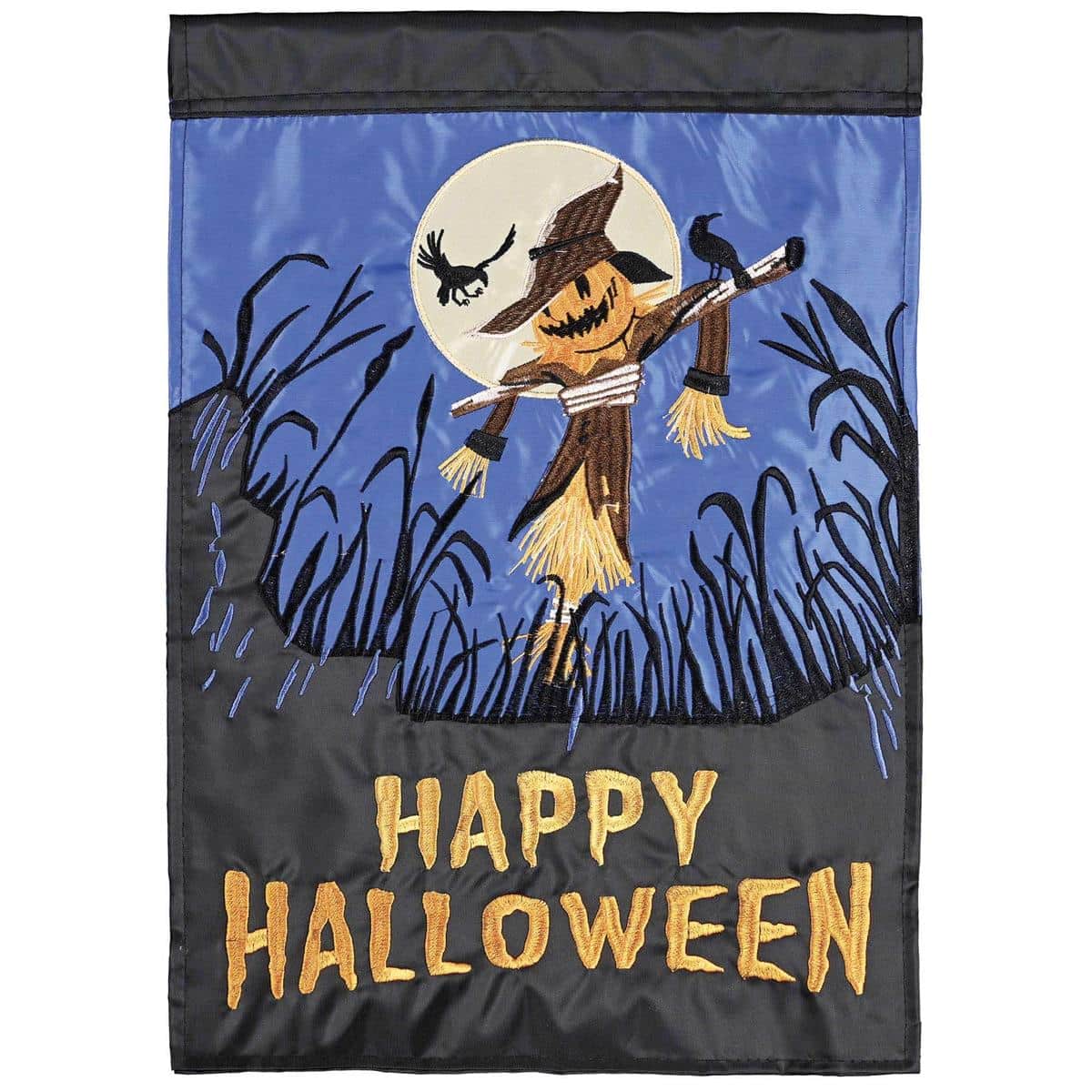 double applique Halloween flag with whimsical scarecrow, corn stalks, and pumpkins in a rustic cornfield scene for porch and yard display