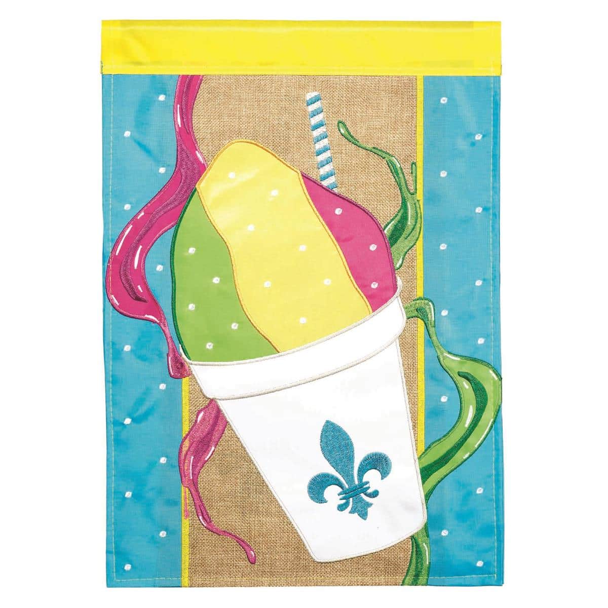 House Snoball Mardi Gras flag image showing colorful double-applique design of a sno-ball dessert with Mardi Gras beads, bold lettering, and festive purple, green, and gold palette on an outdoor flag.