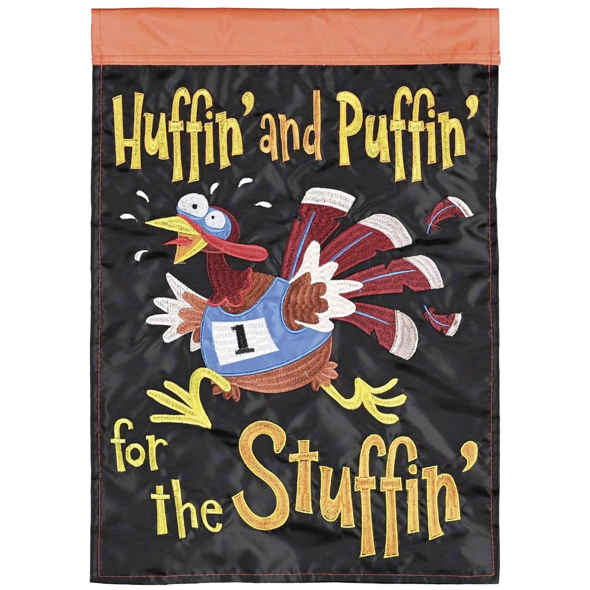 Festive double applique Thanksgiving turkey flag, Huffin Puffin Turkey Stuffin design, two sided readability, rich fall colors, outdoor garden display