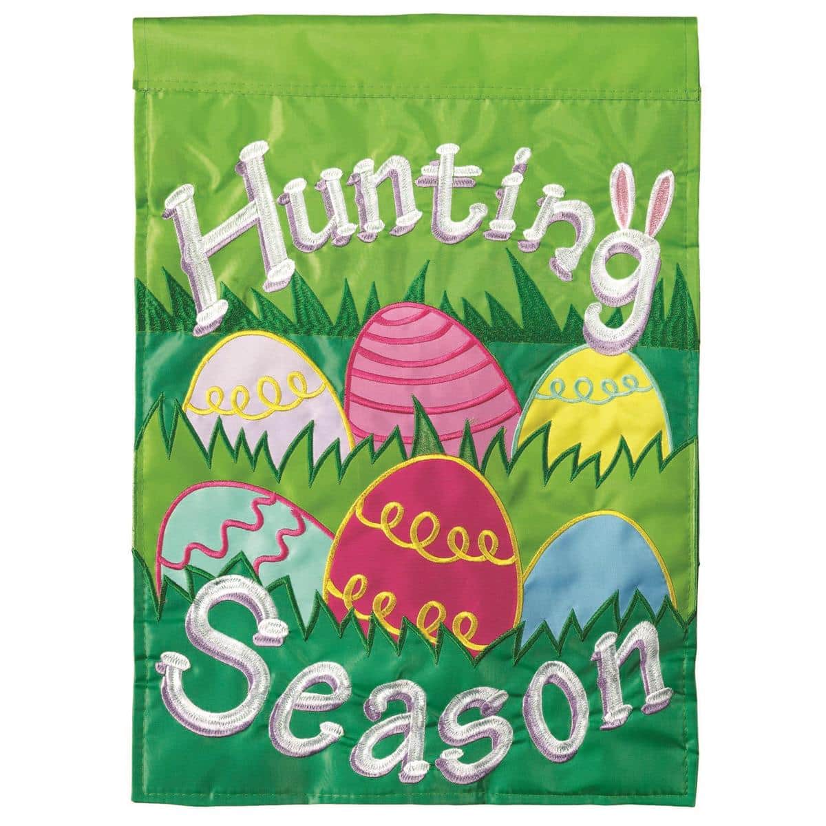 13x18 Hunting Season garden flag with double applique Easter motifs blending rustic hunting accents and springtime florals, shown mounted on a standard yard pole for porch and lawn display.