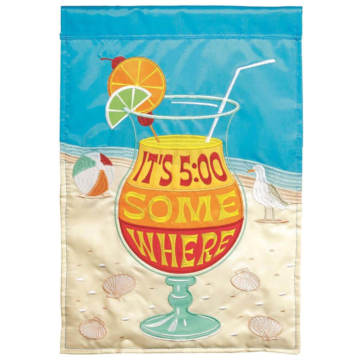 Double-applique 13x18 garden flag featuring a colorful hurricane cocktail and coastal hues, readable on both sides with a standard top-sleeve header