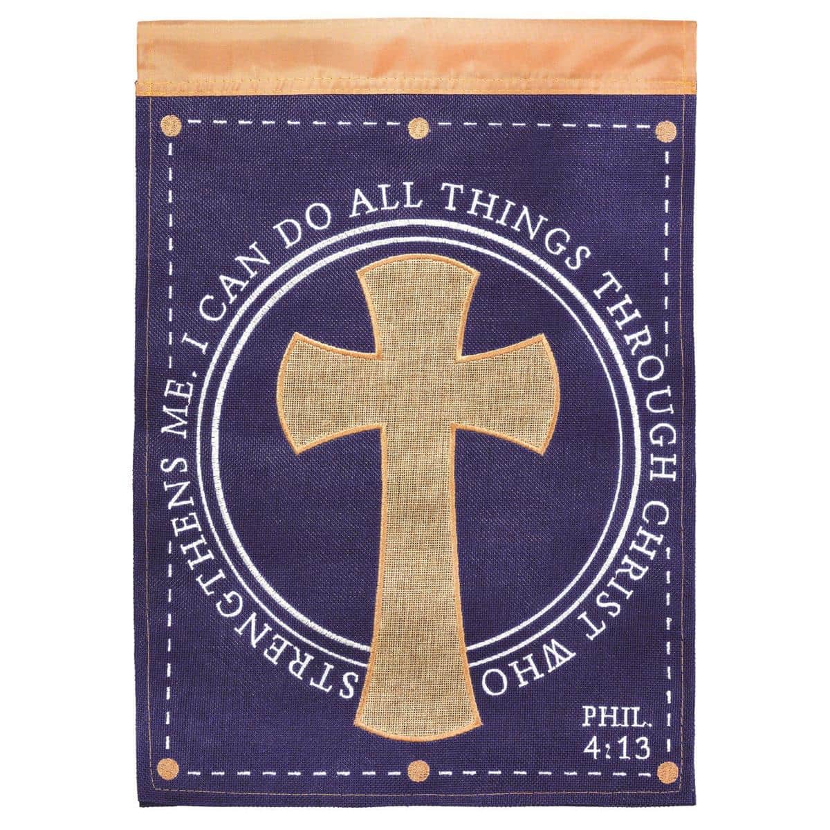 I Can Do All Things Philippians 4:13 inspirational burlap garden flag, 13x18, double applique letters on rustic fabric with reinforced top sleeve for standard pole.