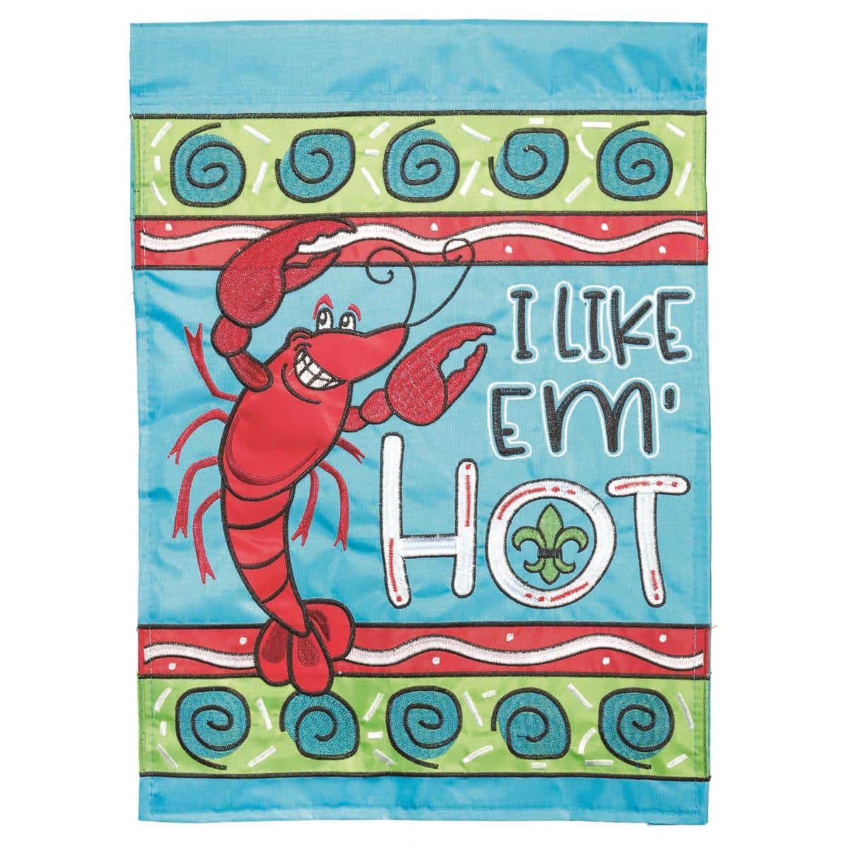 Double applique I Like Em Crawfish garden flag in 13x18 inches, Louisiana red crawfish art on weather-resistant fabric, shown on a stand in a sunny yard.