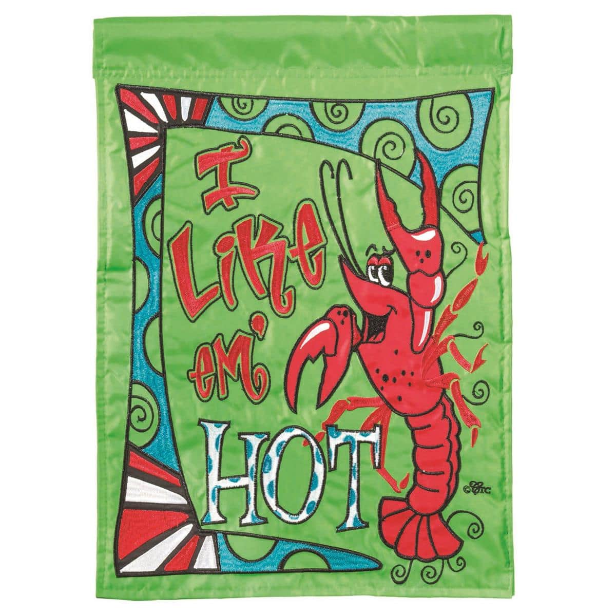 Main product image of the I Like Em Hot banner flag showing a 29x42 double applique banner with a vibrant red chili pepper illustration, stylized green accents, and bold \"I Like Em Hot\" text, displayed on a porch flag pole.