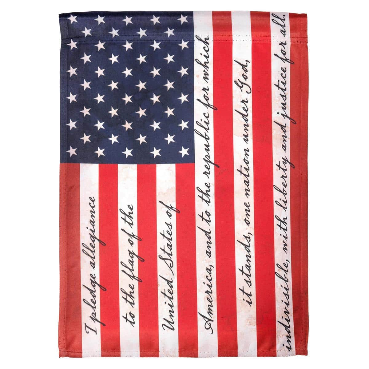 30x44 patriotic house banner flag with I Pledge Allegiance text, stars and stripes artwork, printed fabric, reinforced pole sleeve, displayed on a residential porch.