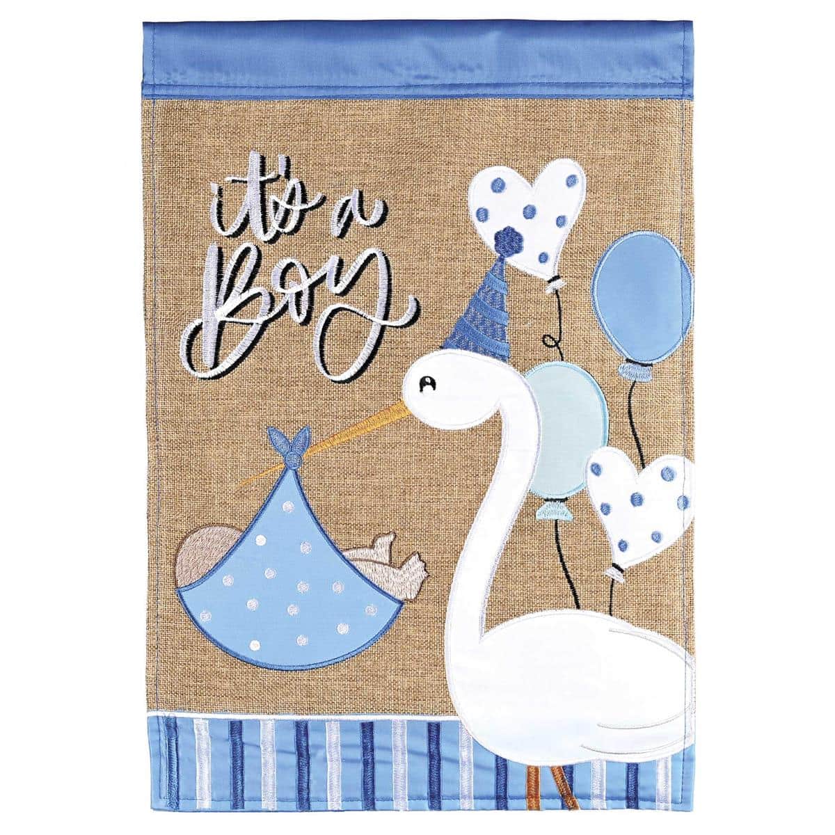 Alt text for the main product image (must be unique vs the meta description): Blue and pastel "It Is A Boy" 13x18 double applique garden flag displayed on a yard stake beside a porch, showing layered stitched letters and playful baby motifs in a soft color palette for announcements and baby shower decor.
