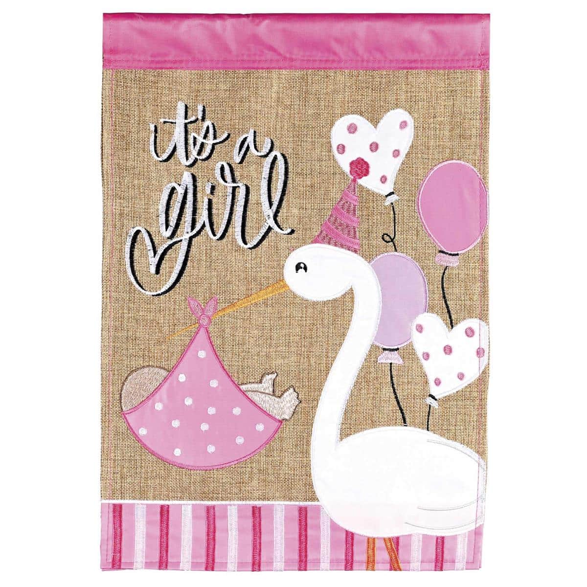 Pink "It Is A Girl" 13x18 double applique garden flag displayed on a small yard pole with layered fabric textures and celebratory baby announcement design.