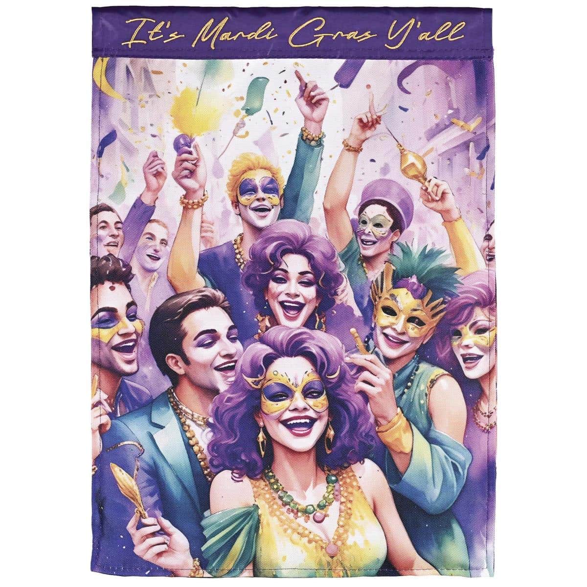 Front porch Mardi Gras flag reading It Is Mardi Gras Y'All Party with layered purple, green, and gold appliques showing masks, beads, and fleur-de-lis.