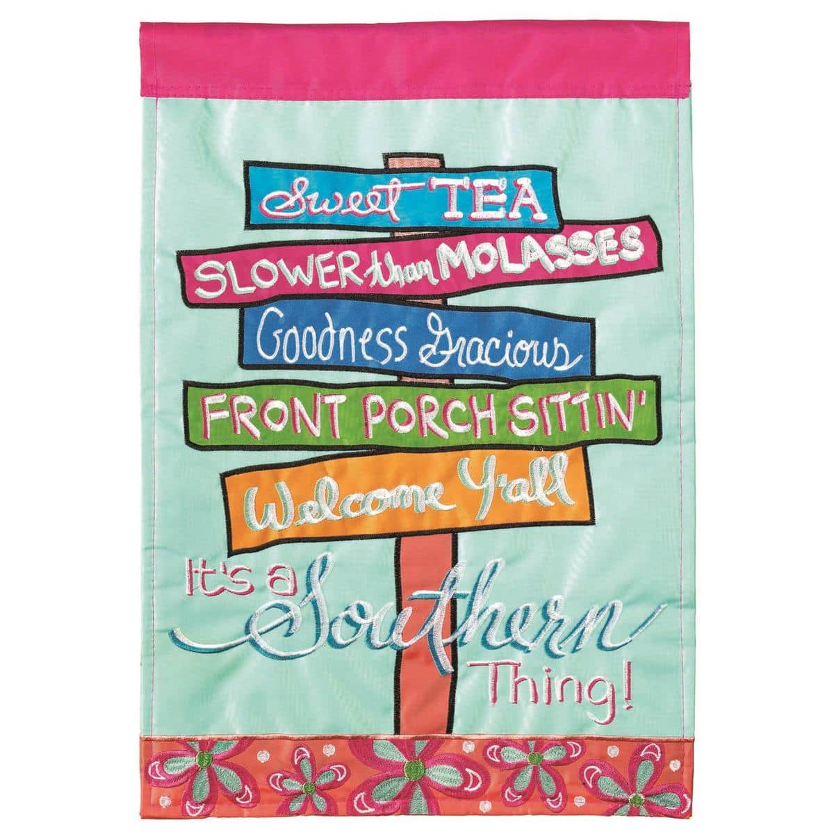 13x18 Its A Southern Thing Signs garden flag double applique with bold Southern script and rustic sign motif displayed on a black metal garden flag stand among green lawn and seasonal potted plants.
