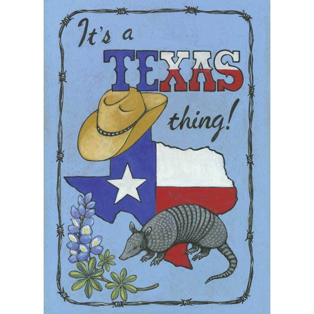 Its A Texas Thing 30 by 44 inch printed banner flag featuring bold "Its A Texas Thing!" text, lone star and Texas silhouette in red white and blue, shown on a porch flag stand.