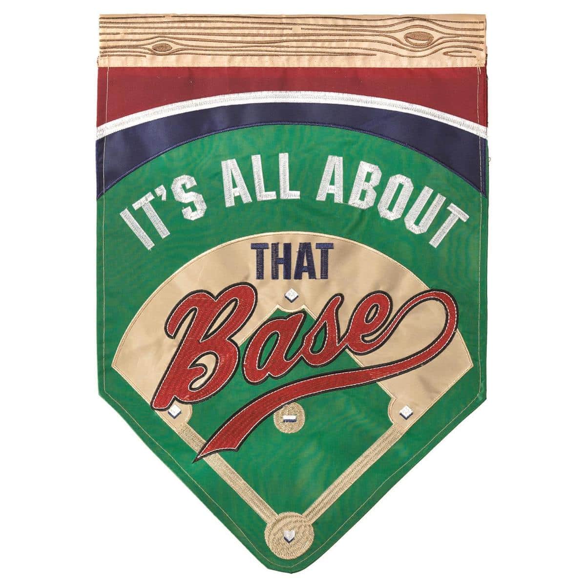 13x18 Its All About Base garden flag featuring double applique baseball graphics with bats, ball, and home plate, shown mounted on a black metal lawn flag stand on green grass.