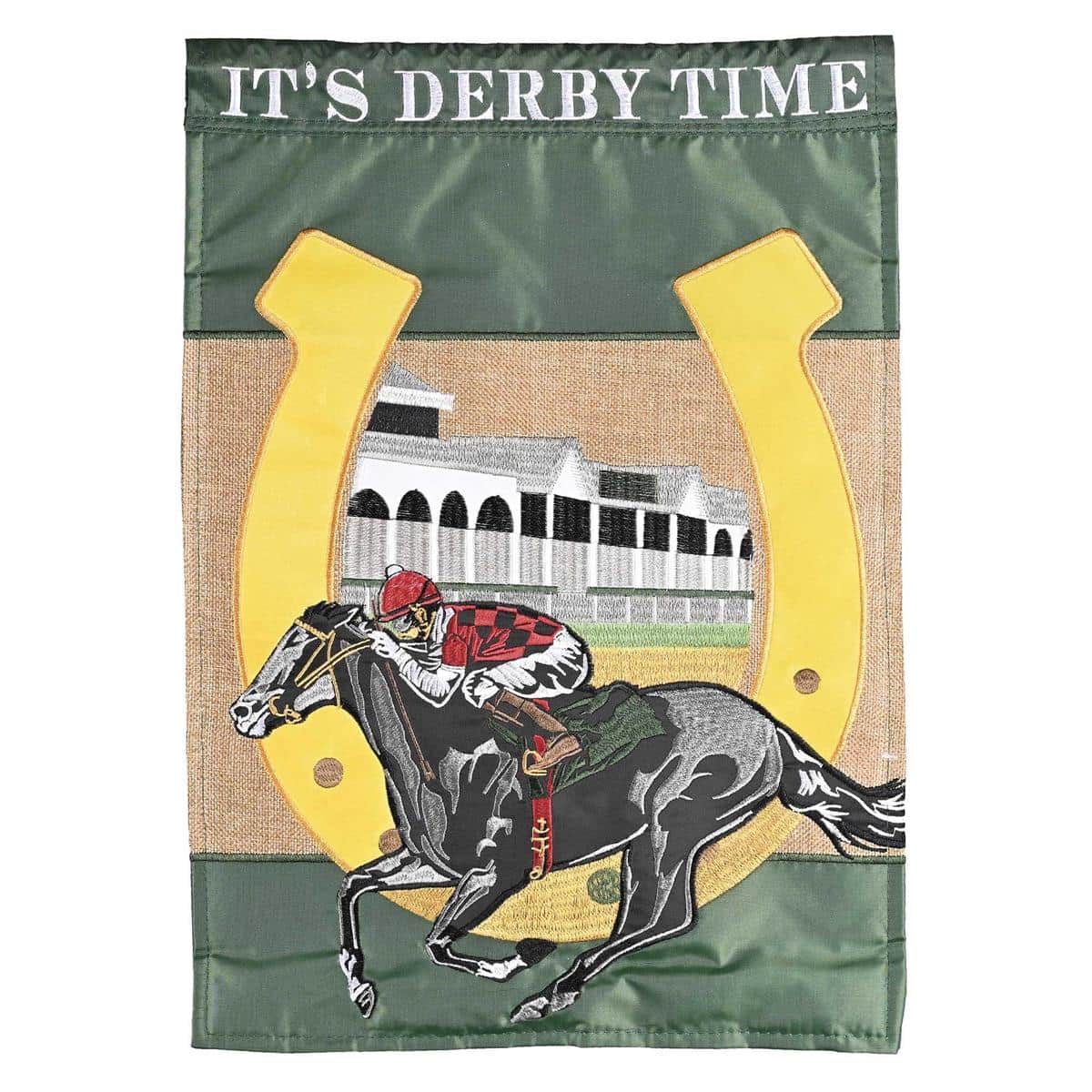 13x18 Its Derby Time Horse Garden Flag featuring a galloping horse and jockey in bold racing colors, premium double applique, readable on both sides, outdoor-ready