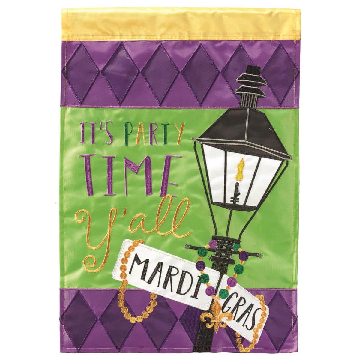 Double applique Mardi Gras garden flag featuring a glowing street lamp, beads, masks, and Its Party Time Yall typography, 13x18, two sided with top sleeve.