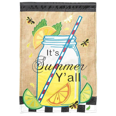 29x42 Its Summer Yall Burlap Banner Flag featuring layered yellow lemon applique, green leaves, and textured burlap face in SummerLemons style for porch or garden display.