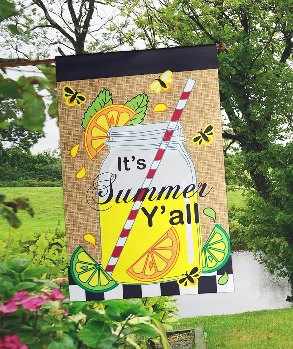 29x42 Its Summer Yall Burlap Banner Flag featuring layered yellow lemon applique, green leaves, and textured burlap face in SummerLemons style for porch or garden display.