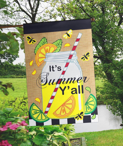 29x42 Its Summer Yall Burlap Banner Flag featuring layered yellow lemon applique, green leaves, and textured burlap face in SummerLemons style for porch or garden display.