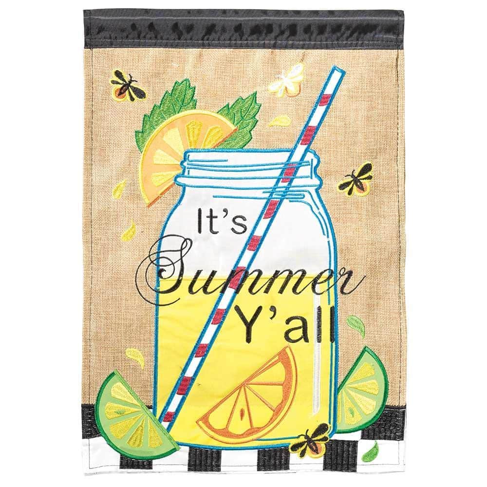 13x18 Its Summer Yall garden flag with bright lemon applique, layered stitching, and bold summer lettering, shown on a decorative garden stake for porch and patio display.