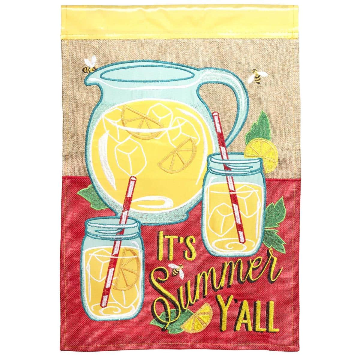 13x18 Its Summer Yall Pitcher garden flag showing a pitcher of lemons with green leaves in bright yellow and green on a SummerLemons double applique background, reinforced sleeve and neat edging for outdoor display
