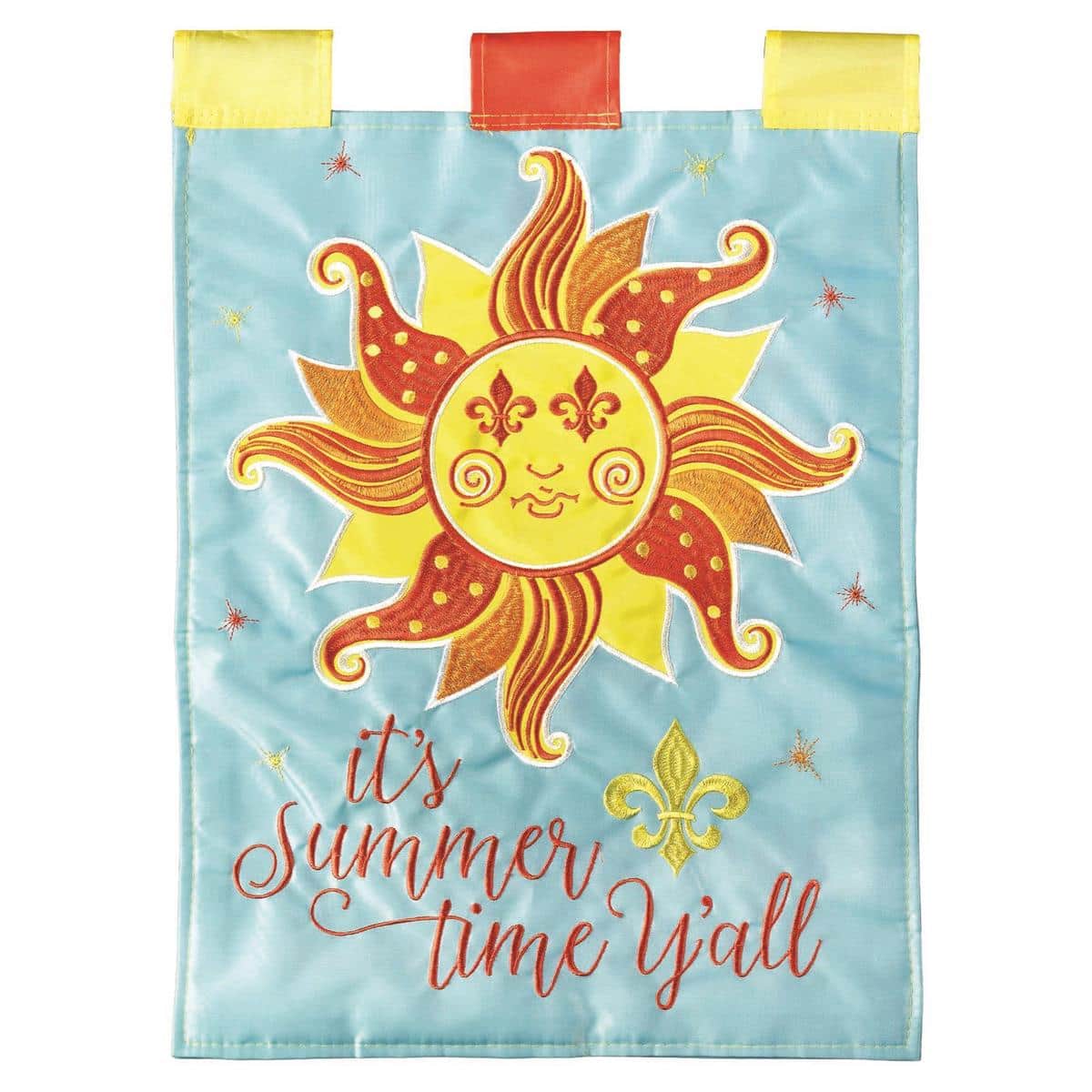 13x18 Its Summertime Fleur-De-Lis double applique garden flag displayed on a low garden stand with bright summer colors, layered textures, and a classic fleur-de-lis motif.