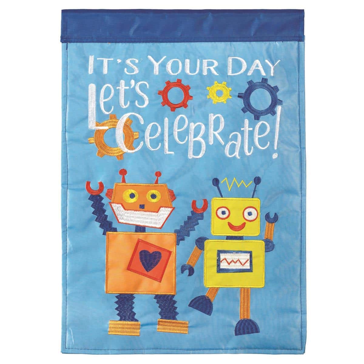 Blue themed Its Your Day Boy 13x18 double applique garden flag displayed on a stand, two sided design with stitched lettering, celebratory baby decor outdoors