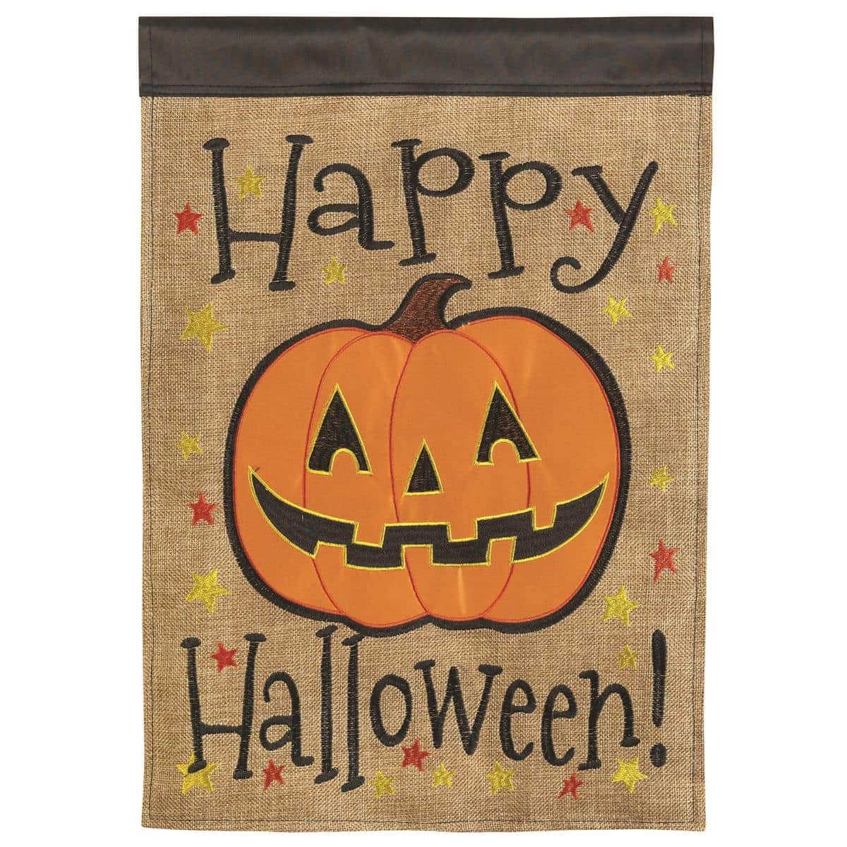 Pumpkin jack o lantern double applique 13x18 garden flag with carved face, autumn leaves and dark background for outdoor seasonal display
