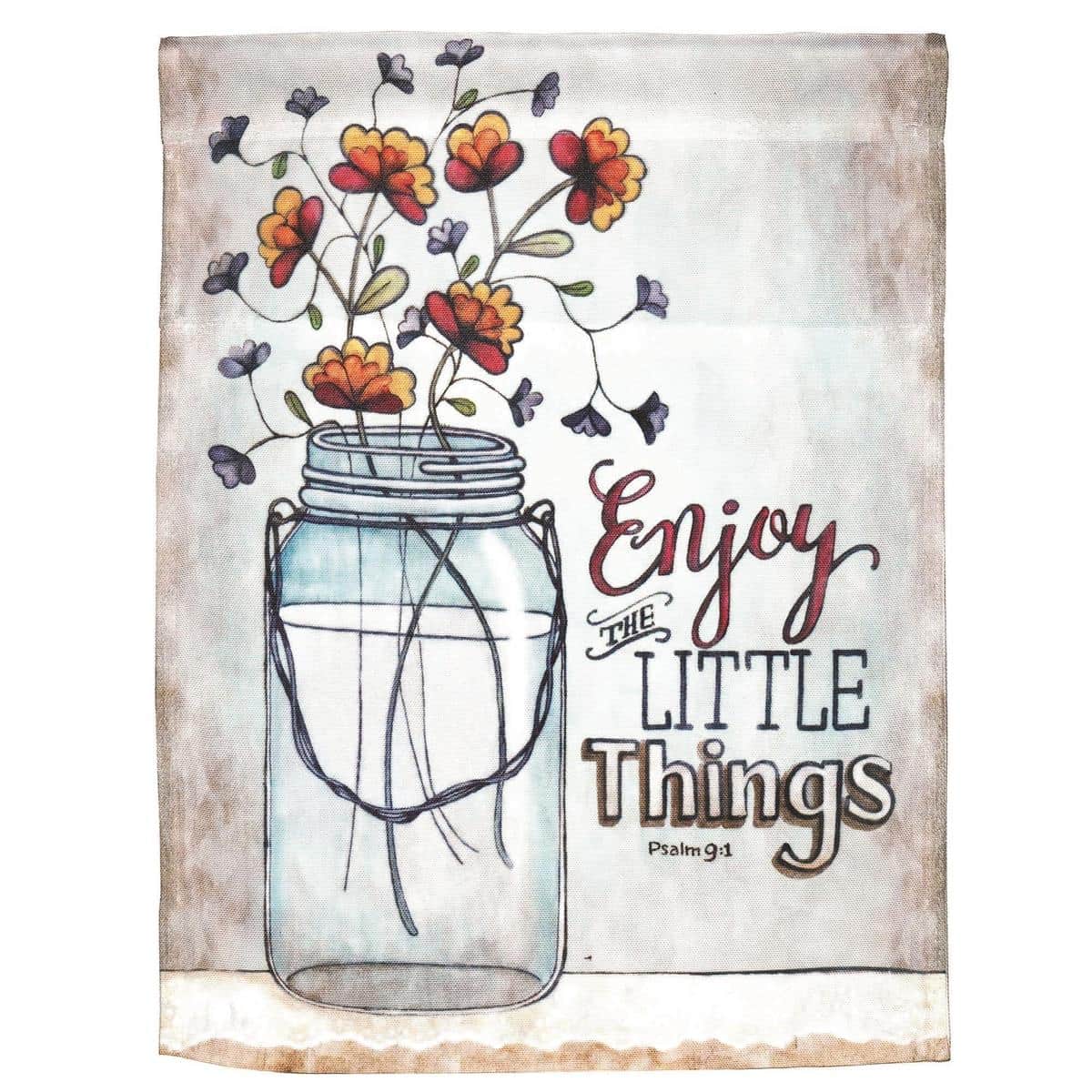 13x18 printed garden flag depicting a mason jar with spring flowers and the text "Enjoy The Psalm 9:1" in InspireFlowr floral design for outdoor porch or garden display.