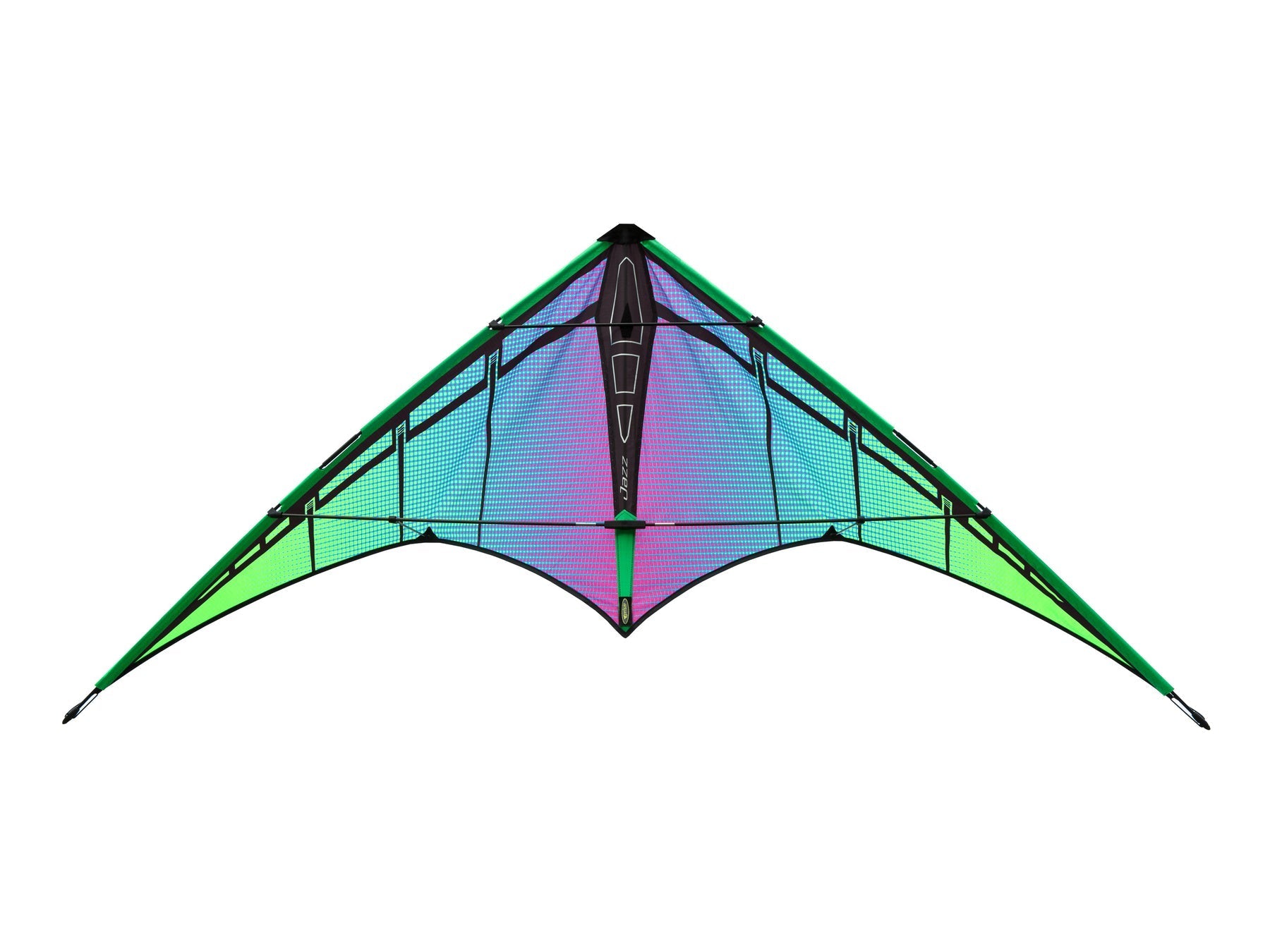 Prism Jazz 2.0 dual-line sport kite flying in open sky with wide wingspan and Electric Aurora Inferno and Plasma colorways visible on the sail