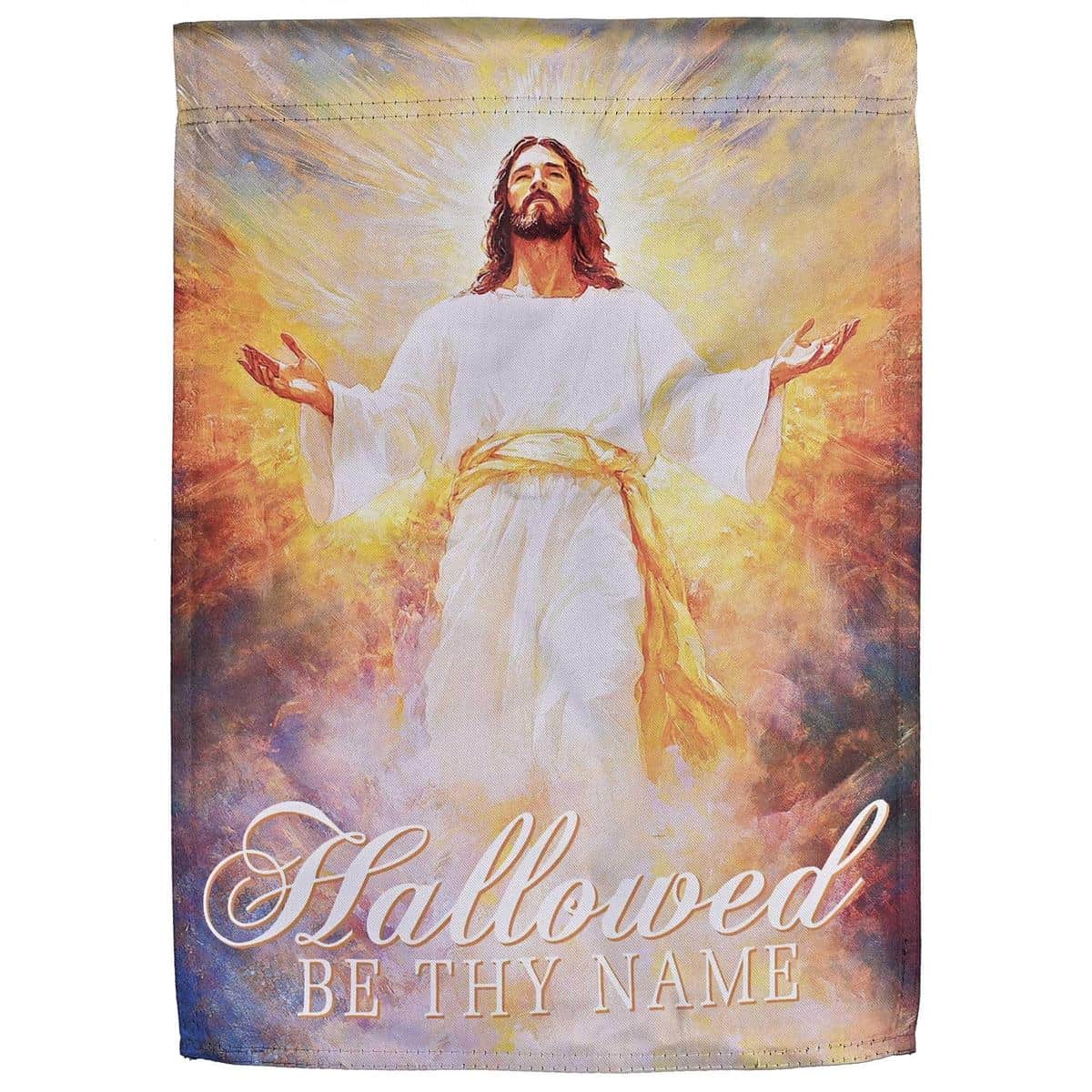 Jesus Hallowed Be Thy Name printed flag featuring devotional lettering and sacred-themed design for Christian home, church, sanctuary, or outdoor display.