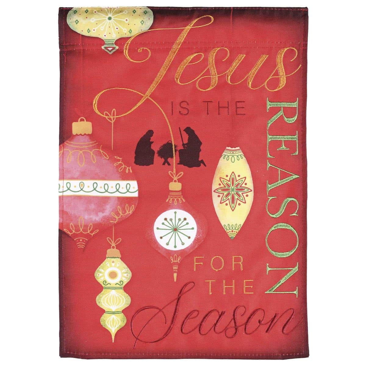 13x18 Jesus The Reason Christmas garden flag with whimsical script and seasonal accents, printed on durable outdoor fabric and ready to slide onto a standard garden flag pole.