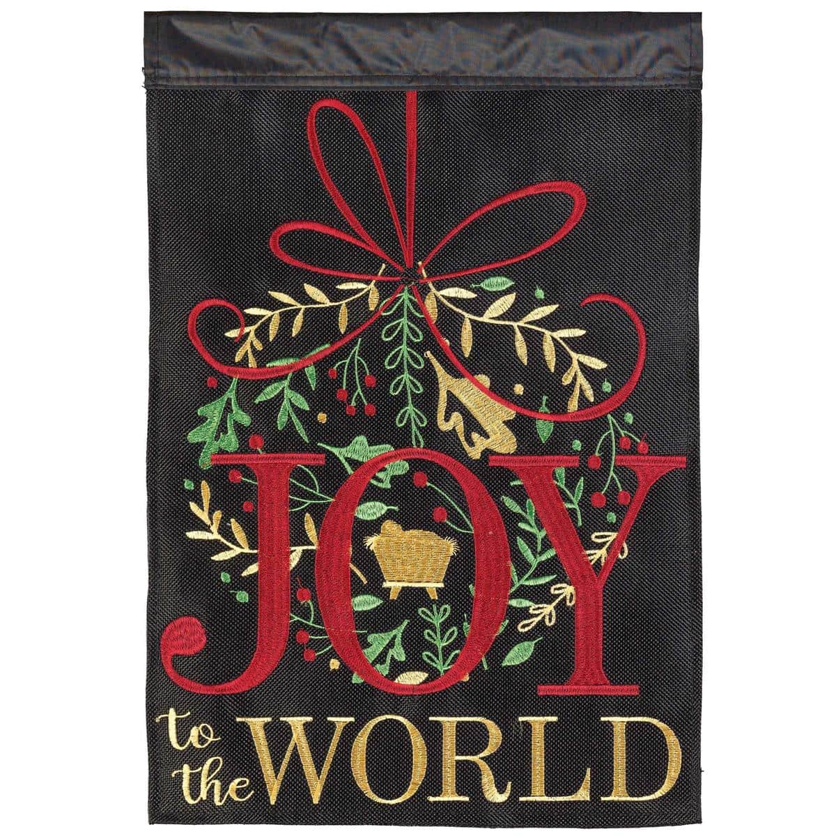 Joy To The World burlap house banner flag with classic Christmas wreath, double applique lettering, 29x42 inches, displayed on a front porch in winter