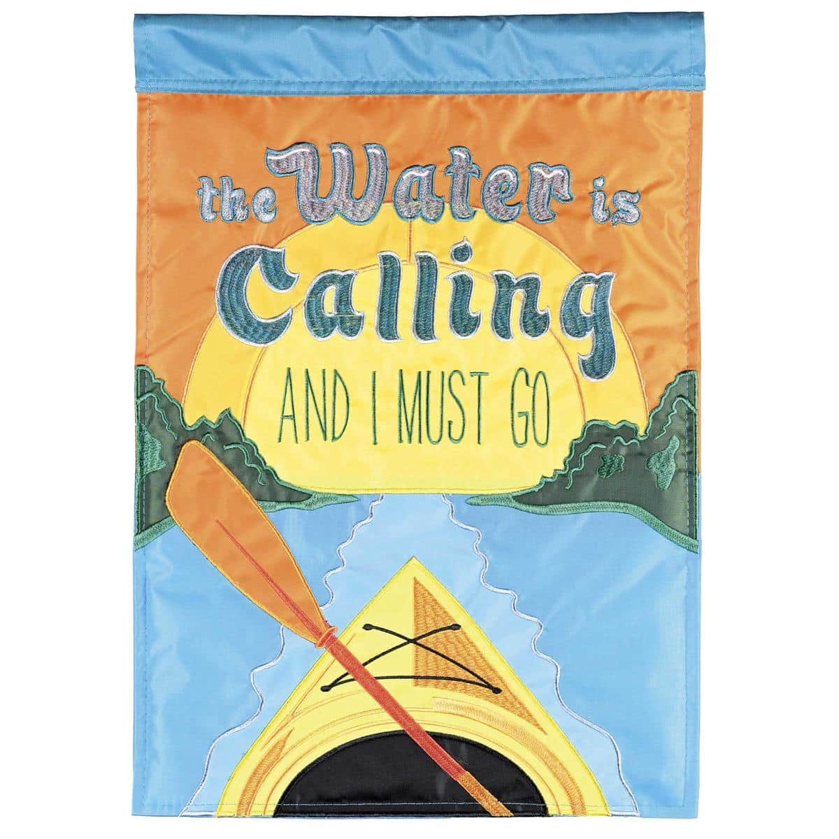 Kayak garden flag 13x18 double applique featuring a kayak silhouette and "The Water Is Calling" text in blues and greens for docks, porches, and lakeside yards.