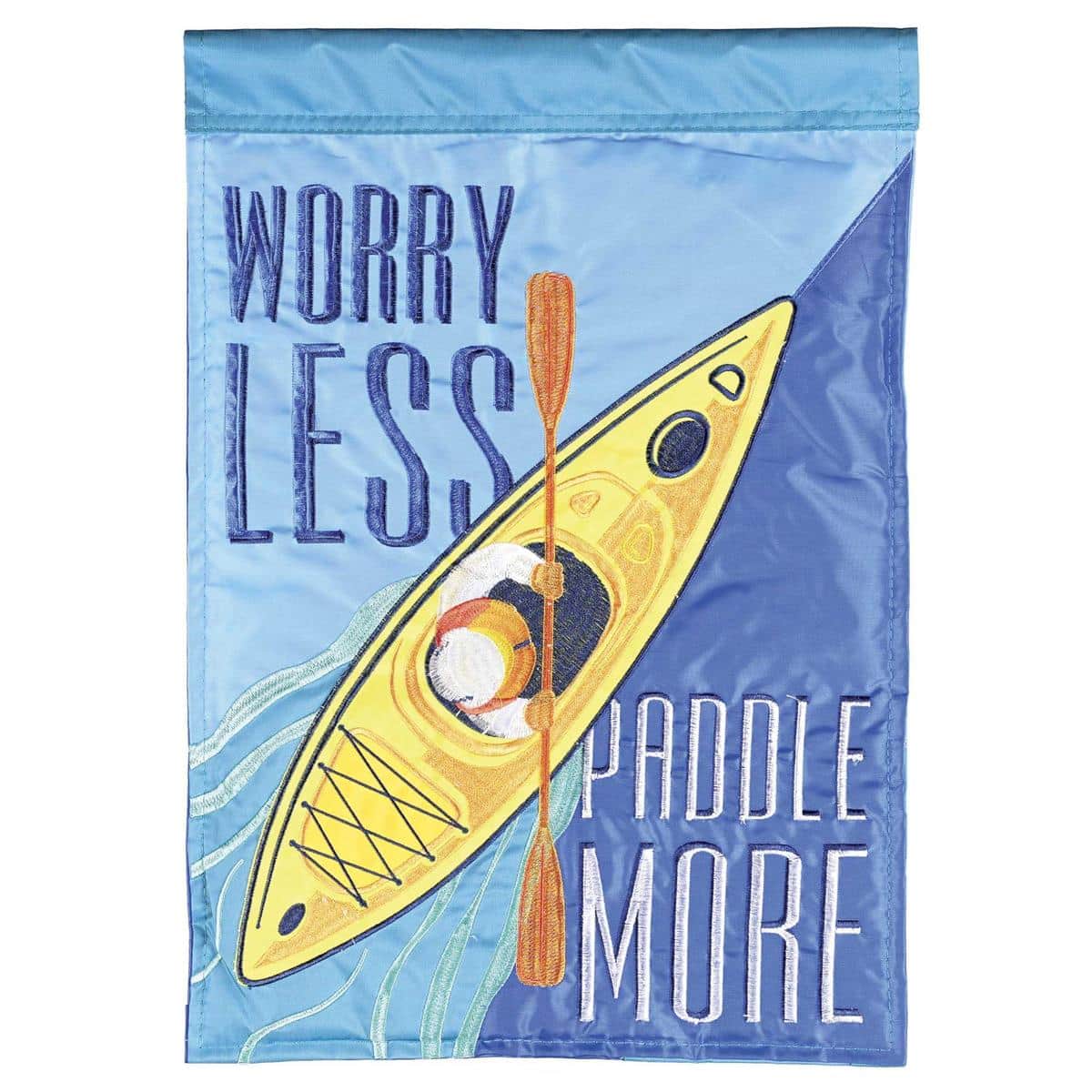 13x18 Kayak 'Worry Less Paddle More' double-applique garden flag with kayak silhouette and wave accents displayed on a lawn near a lakeshore.