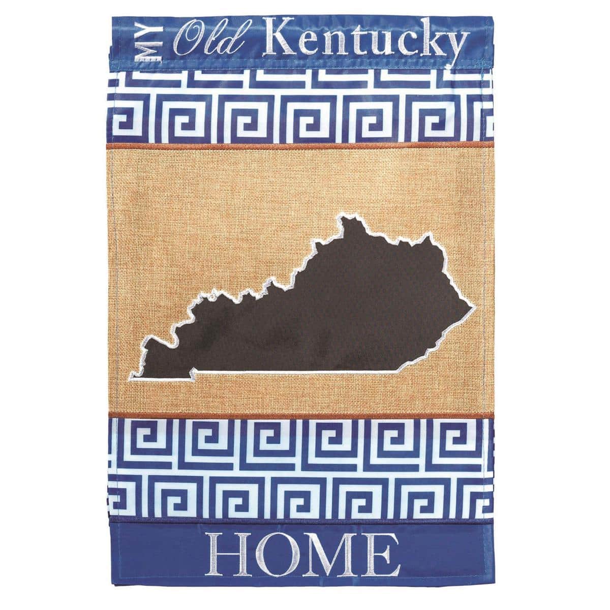 13x18 Kentucky double applique burlap garden flag displayed on a garden stand, textured weave and layered accents for a rustic regional look.