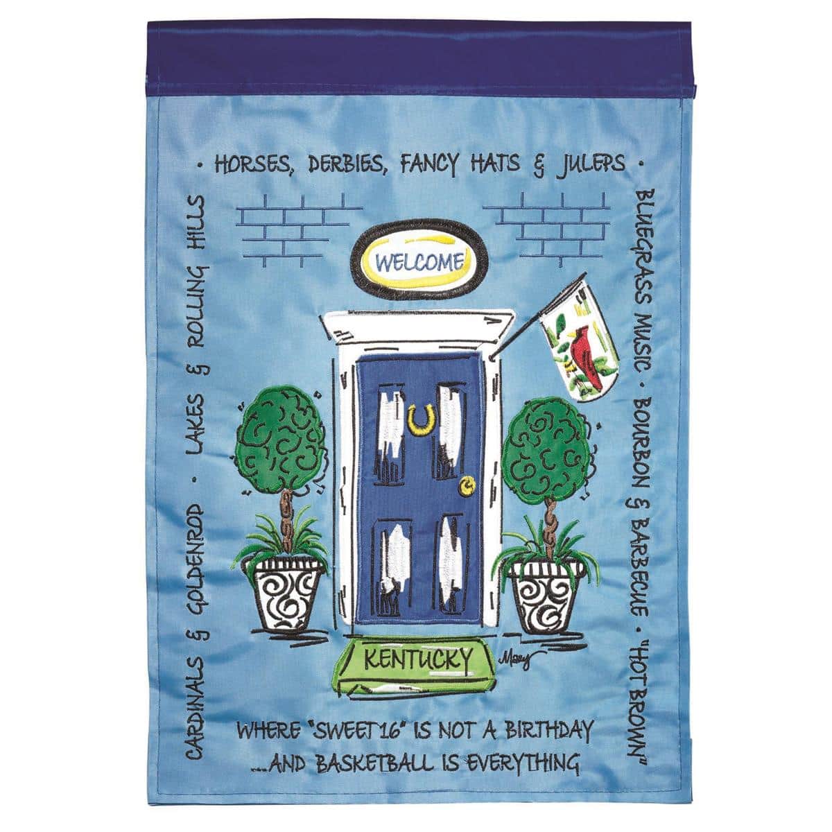 Kentucky Frontdoor 13 x 18 double applique garden flag showing bold state graphics, two-sided construction, durable polyester, and a reinforced top sleeve for easy hanging.