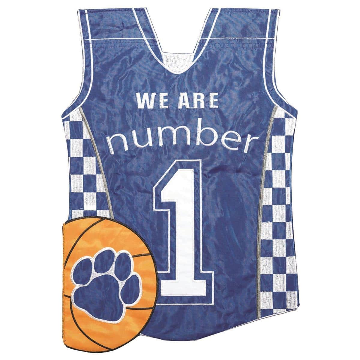 Kentucky Jersey number 1 double applique 29x42 banner flag shown hanging on porch railing, blue and white team number centered with state name.