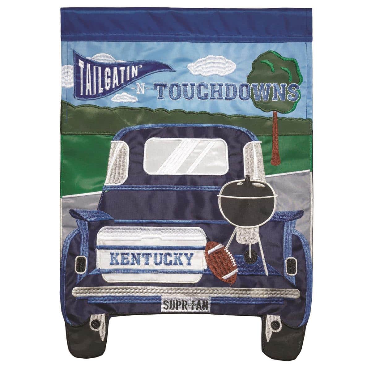 13x18 Kentucky Tailgatin double applique garden flag displayed on a yard stand, two-sided sports design for porches, patios, and tailgate setups