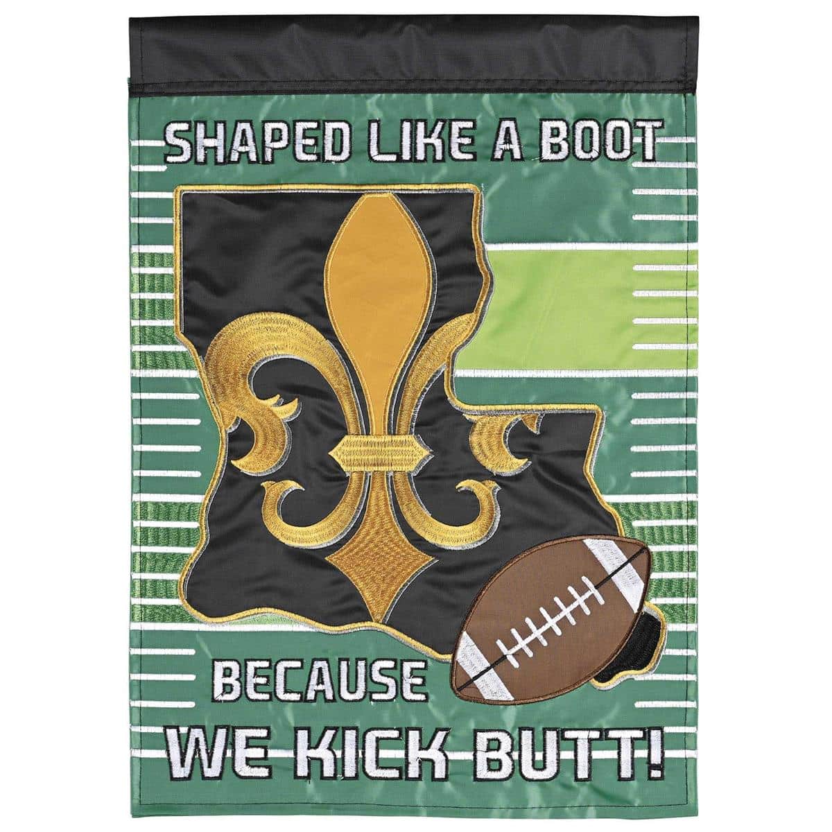 Double applique LA FleurDeLis football flag on porch pole showing fleur de lis emblem and football motif in team colors for tailgate display.