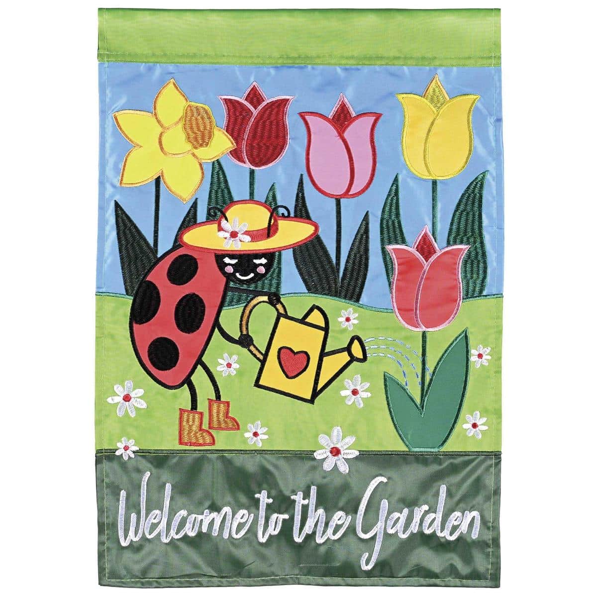 Double applique ladybug garden flag showing a red lady bug among flowers with stitched Welcome to the Garden text, outdoor fabric, and a convenient top sleeve.