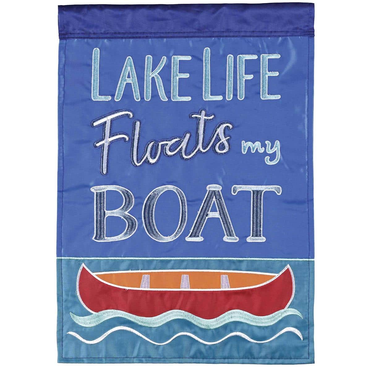 Colorful Lakelife Floats By Boat double applique outdoor flag showing floats and a boat on a calm lake, durable two sided design for house or garden display.