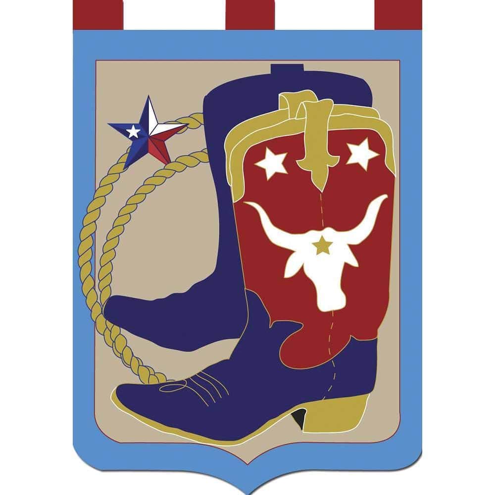 Close-up photo of a large double applique cowboy boots flag showing layered fabric boots with visible topstitching, spur details, and rustic western colors mounted on a porch pole.